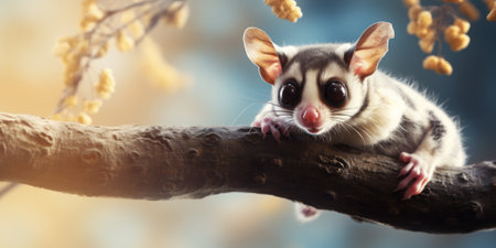 Little cute sugar glider on tree branch. Animal on nature backgroundの素材