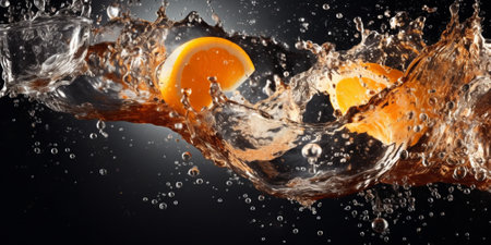 Fresh orange and water splash on black background. 3d rendering.の素材