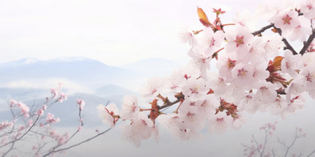 Cherry blossom sakura in spring with snow mountain background.の素材