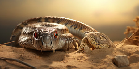 A closeup shot of a snake on the sand with blurred backgroundの素材