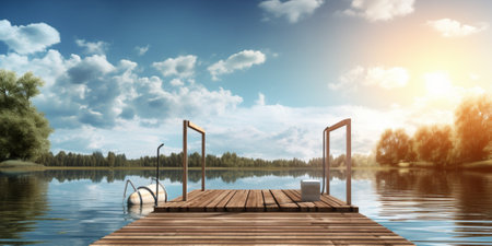 Luxury wooden jetty at the lake. 3d renderingの素材