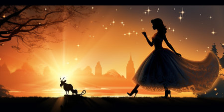 Silhouette of a girl in a long white dress with a dogの素材