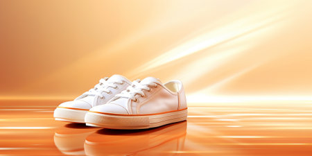 White sneakers on orange background. 3d illustration. Horizontal.の素材