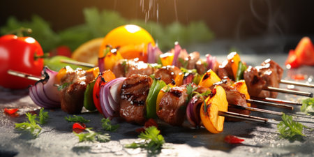 Shish kebab on skewers with vegetables, closeupの素材