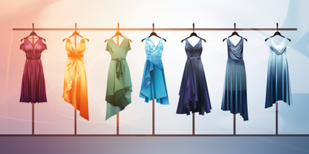 Set of colorful evening dresses hanging on a clothes rack. Vector illustration.の素材