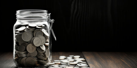 Coins in a glass jar on a wooden background. Saving money concept.の素材