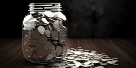 Coins in a glass jar on a wooden table with dark backgroundの素材