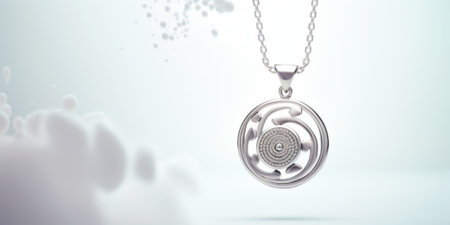 Silver medallion with chain on white background. 3D rendering.の素材