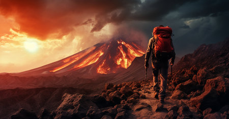 Hiker with backpack standing on the top of a mountain and looking at the volcanoの素材