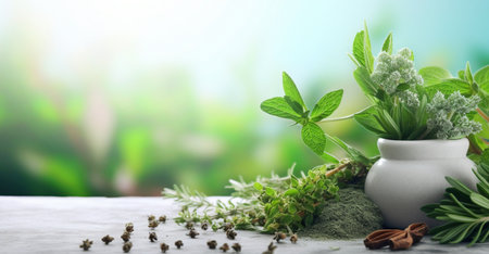 Fresh herbs and spices on table, closeup. Alternative medicine conceptの素材