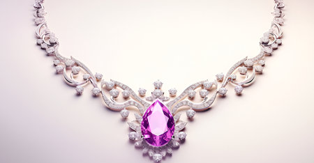Beautiful necklace with amethyst on a white background. Studio shot.の素材