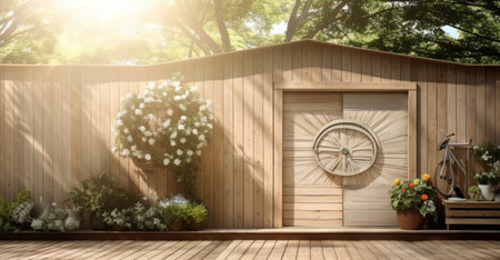3d rendering of a wooden wall with a clock in the gardenの素材