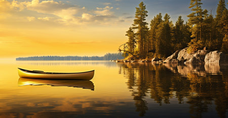 Lake in the forest with a boat on the water. 3d renderの素材