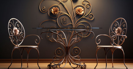 3d render of table and chair with gold pattern on the wallの素材