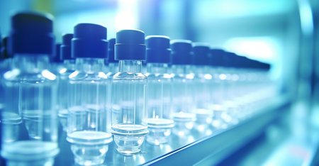Laboratory glassware in a row. Blue toned image.の素材