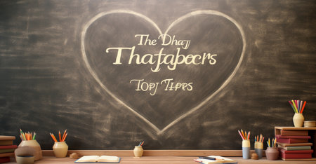 Teacher's Day written in chalk on a blackboard with school suppliesの素材