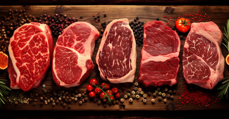 Raw beef steaks with spices and vegetables on a wooden background.の素材