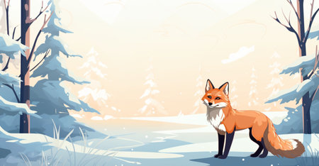Vector cartoon illustration of a red fox standing in the winter forest.の素材