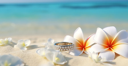 Wedding rings on a tropical beach with white frangipani flowersの素材