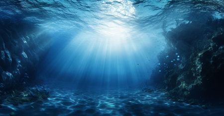 Underwater view of deep blue sea with sun rays, 3d renderの素材