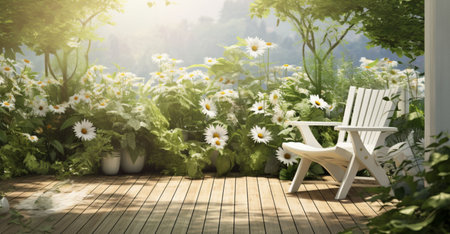 3d render of white chair on wooden terrace with daisiesの素材