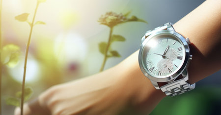 Closeup of female hand with wristwatch on blurred nature background.の素材