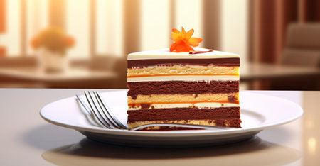 A piece of cake on a white plate. 3d rendering.の素材