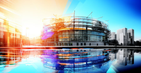 Modern office building with reflection on water. Business background. Double exposureの素材