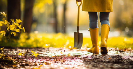 Close-up of woman in yellow raincoat and rubber boots with shovel in the autumn parkの素材