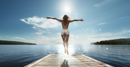 Conceptual image of young woman in swimsuit jumping into waterの素材