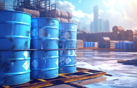 Oil barrels on the pallet. 3d render. Concept of oil industry.の素材