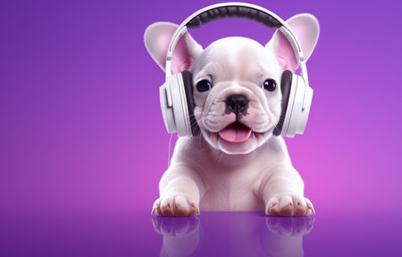 cute french bulldog puppy with headphones on purple background - 3d renderingの素材