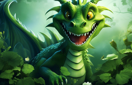 Green dragon in the green forest. 3D rendering. Fantasy.の素材