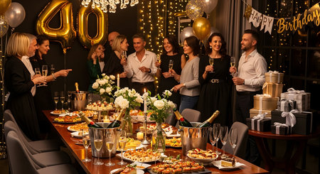 Group of friends celebrating New Year and having party with champagne in restaurantの素材