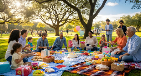 Multi-Generation Family Enjoying Picnic In Park - Diverse Group Of People Having Picnic Togetherの素材