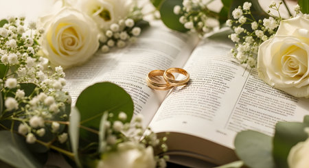 Wedding rings on an open book with flowers on the backgroundの素材