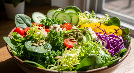 Fresh vegetable salad with sunflower seeds, cucumber, tomato, lettuce and pumpkin seedsの素材