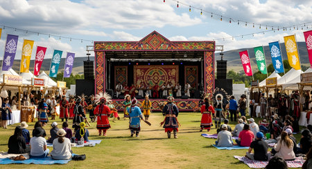 Unidentified people in traditional costume at Festival of the Incas in Santiago de Compostela, Spainの素材