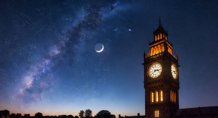 Big Ben at night in London, United Kingdom with stars and moonの素材