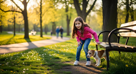 Adorable little girl playing with her dog in a beautiful spring parkの素材