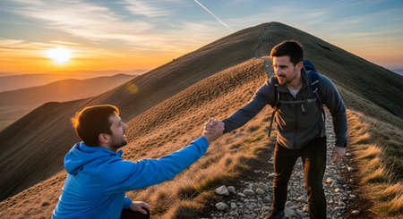 Two happy friends in sportswear shaking hands on top of a mountain at sunsetの素材