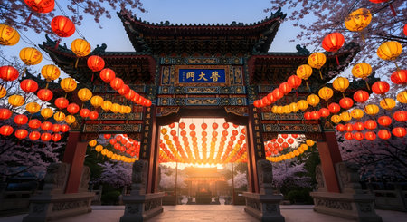 Lanterns at the entrance of the Temple of Heaven in Beijing, Chinaの素材