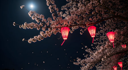 Beautiful cherry blossoms and lanterns at night with full moonの素材