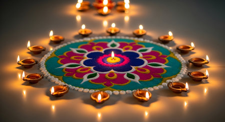 Indian Festival Diwali, Diwali oil lamps lit on colorful rangoli. Hindu traditional.の素材
