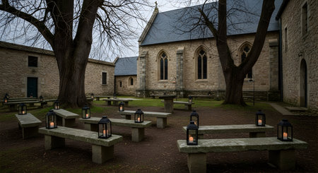 Old stone church in the countryside of Ireland, with a row of benchesの素材