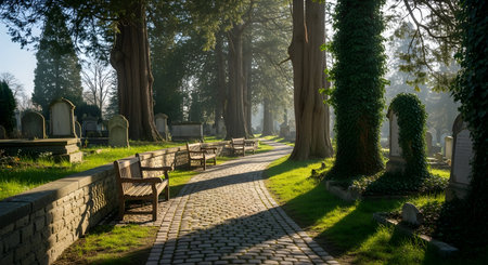 Cemetery in the morning light with wooden benches and trees in the foregroundの素材