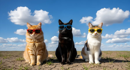 Group of cats in sunglasses sitting on the ground with blue sky backgroundの素材