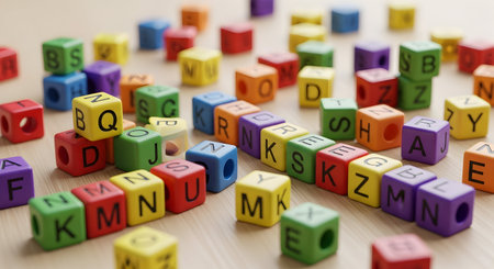 Close up of colorful toy cubes with letters on a wooden table.の素材