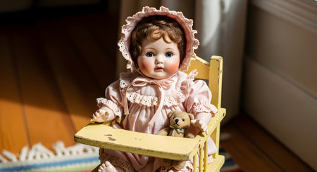 Cute baby doll sitting on a wooden chair. Selective focus.の素材