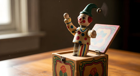 Clown in a box on a wooden table, close-upの素材